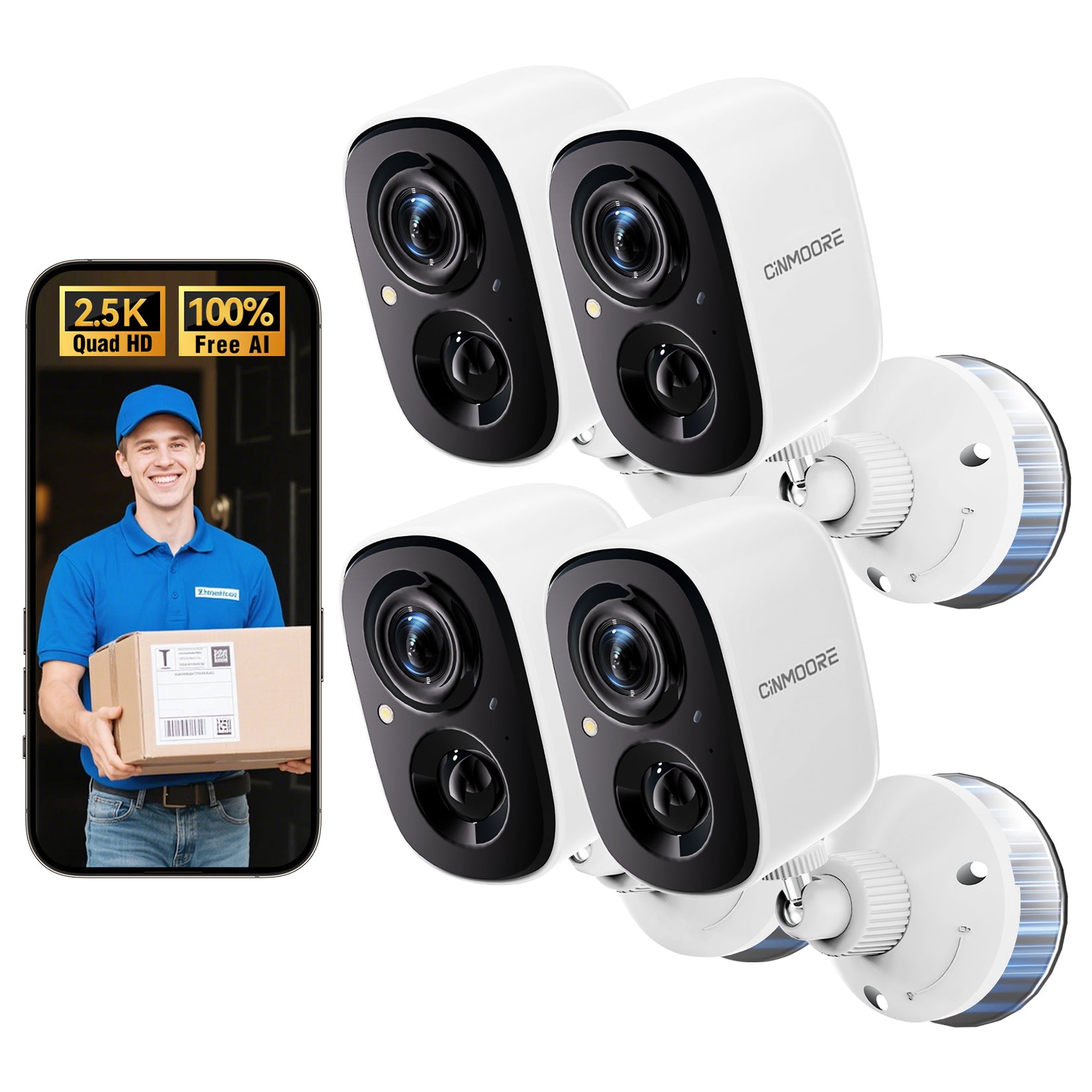 4-Pack Wireless 2.5K Wi-Fi Battery Camera w/ Non-Subscription AI Detec