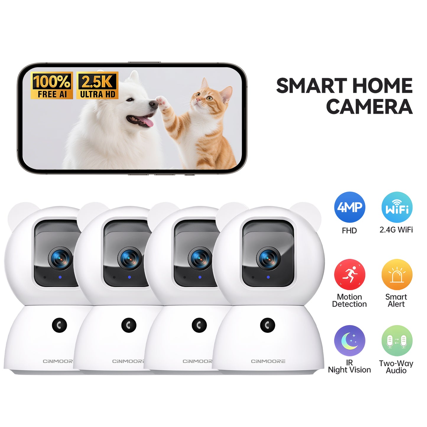 4-Pack 2.5K Wired Wi-Fi Camera w/ Non-subscription AI Detections & Alerts-Snowbear(C2LU)