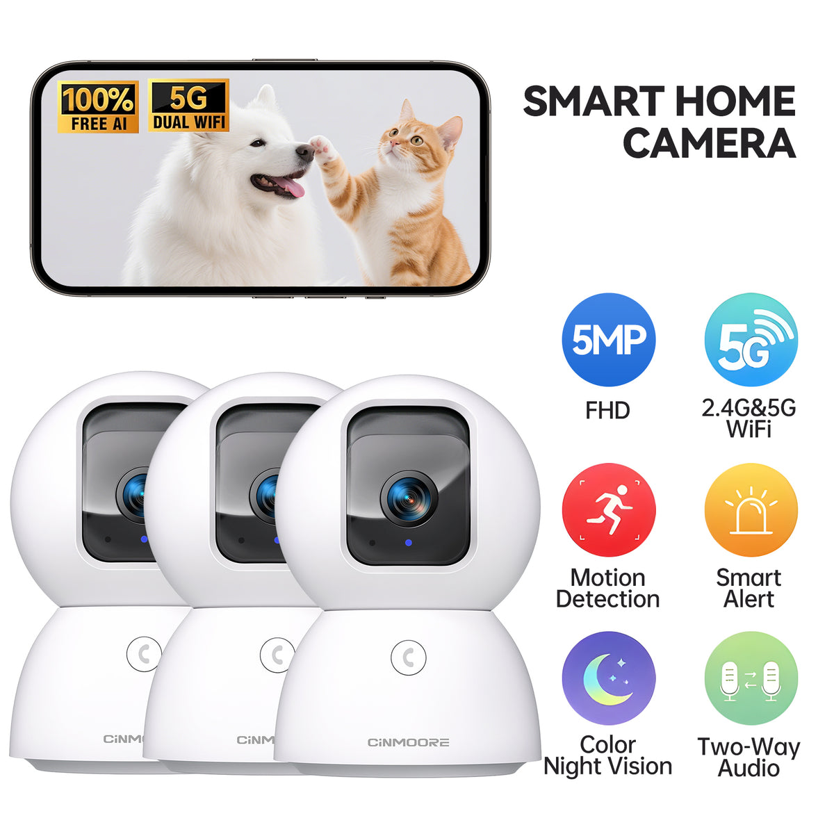 3-Pack CINMOORE 5G Security Camera Indoor - 3K Pet/Dog Camera with Speaker/Phone App(C2U)
