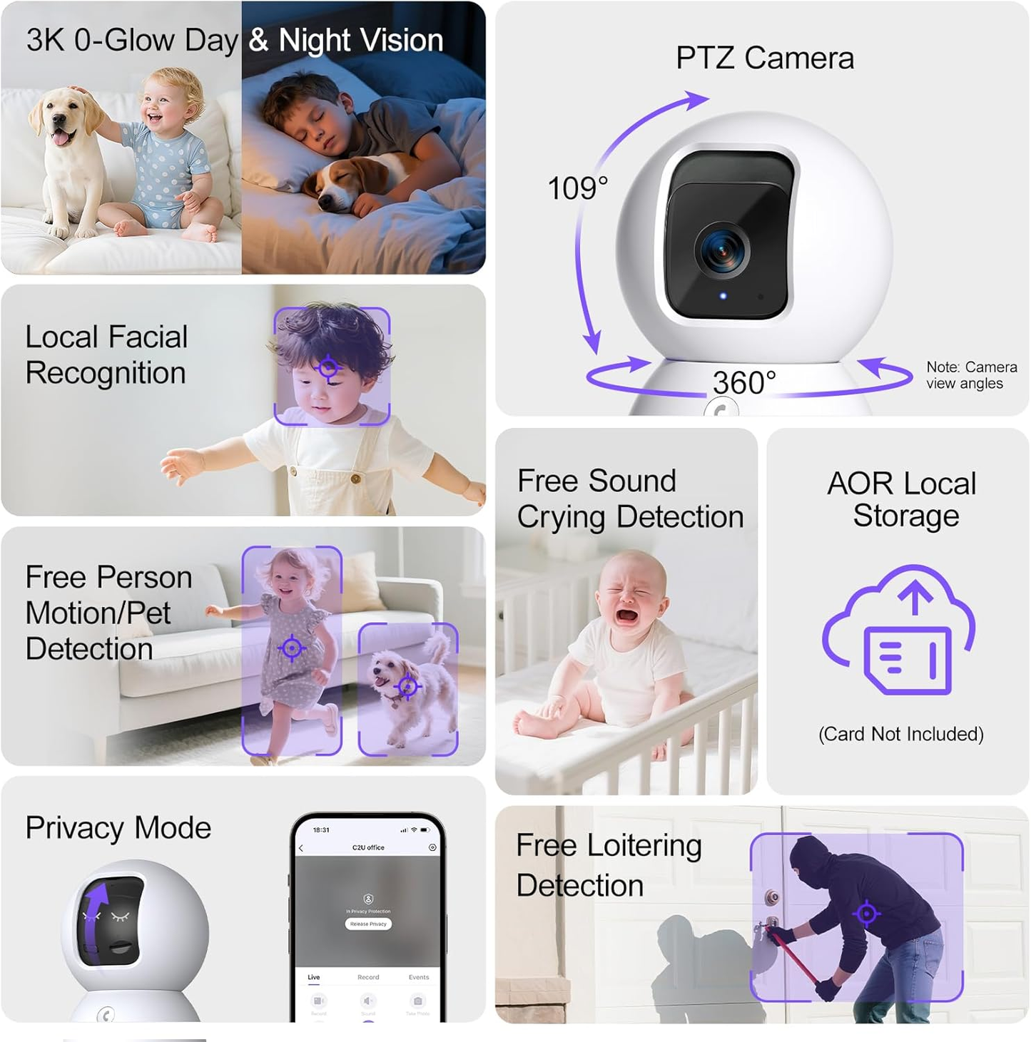 2Pack 3K Wi-Fi Camera w/ No-Monthly-Fee AI Detections & 64GB Local Storage-SnoWhite(C2U)
