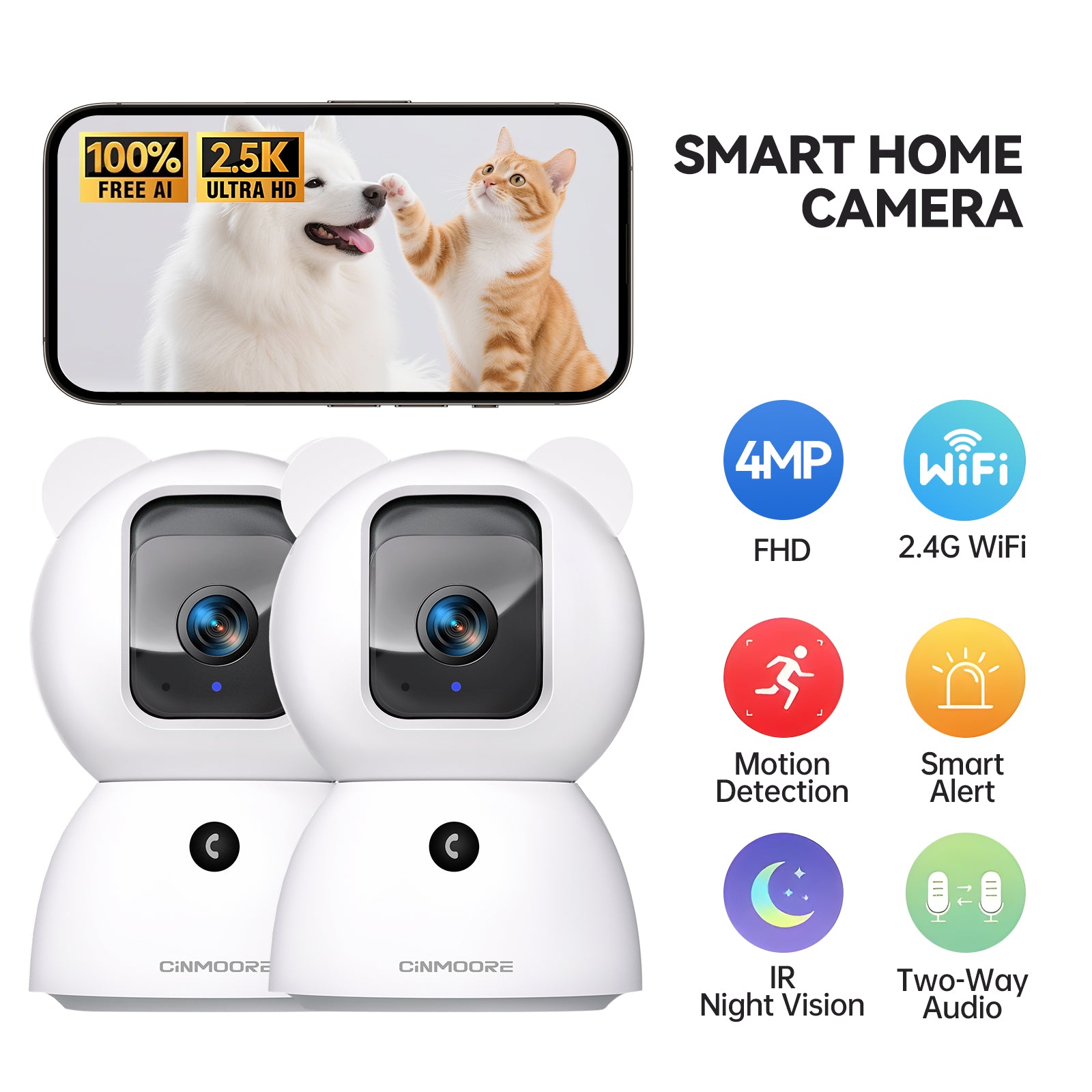 2-Pack 2.5K Wired Wi-Fi Camera w/ Non-subscription AI Detections & Alerts-Snowbear(C2LU)