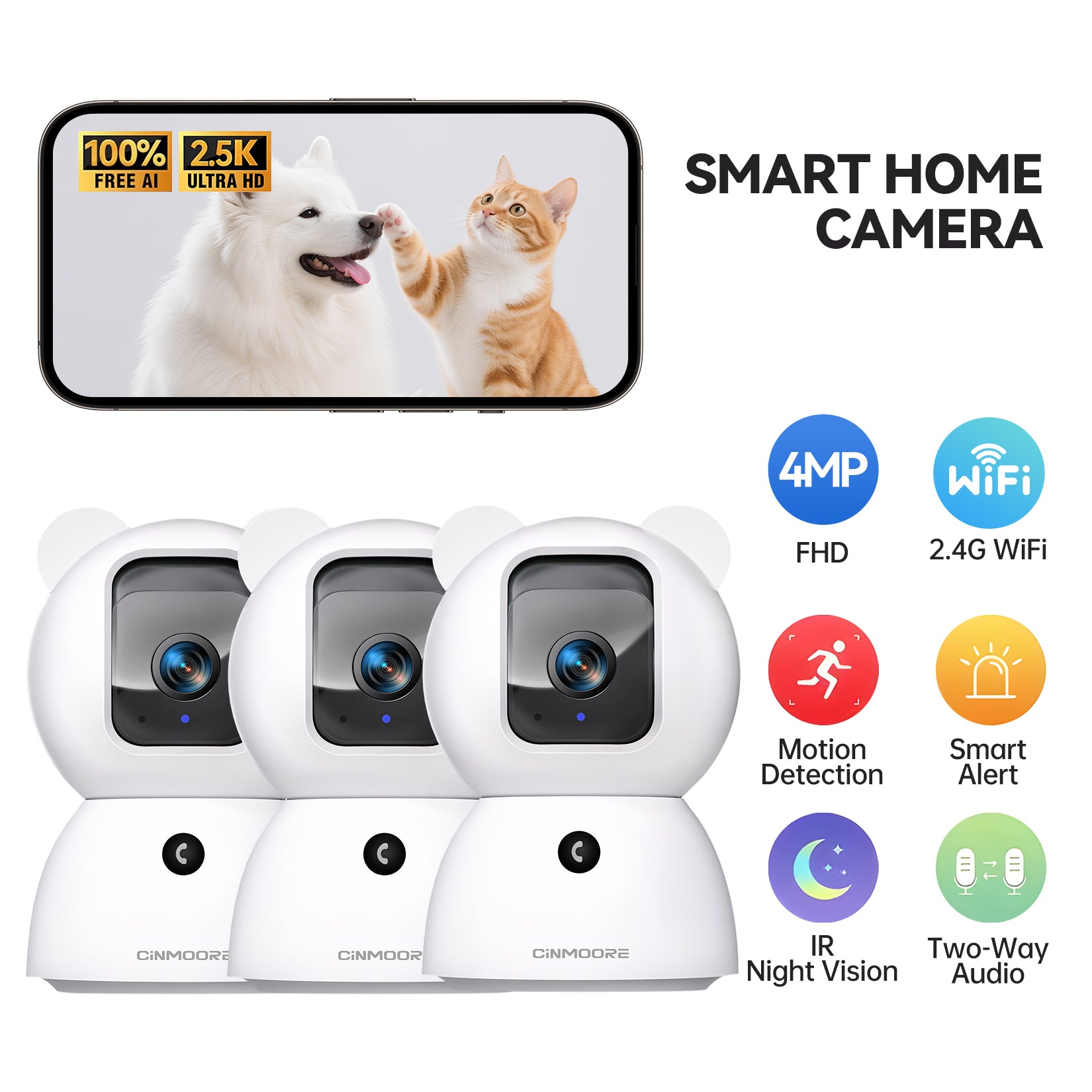 3-Pack 2.5K Wired Wi-Fi Camera w/ Non-subscription AI Detections & Alerts-Snowbear(C2LU)