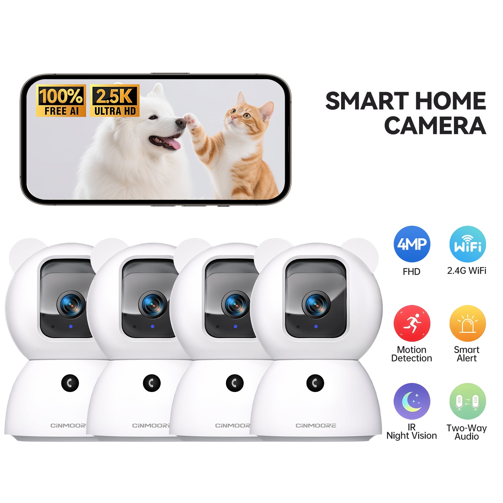 4-Pack 2.5K Wired Wi-Fi Camera w/ Non-subscription AI Detections & Alerts-Snowbear(C2LU)