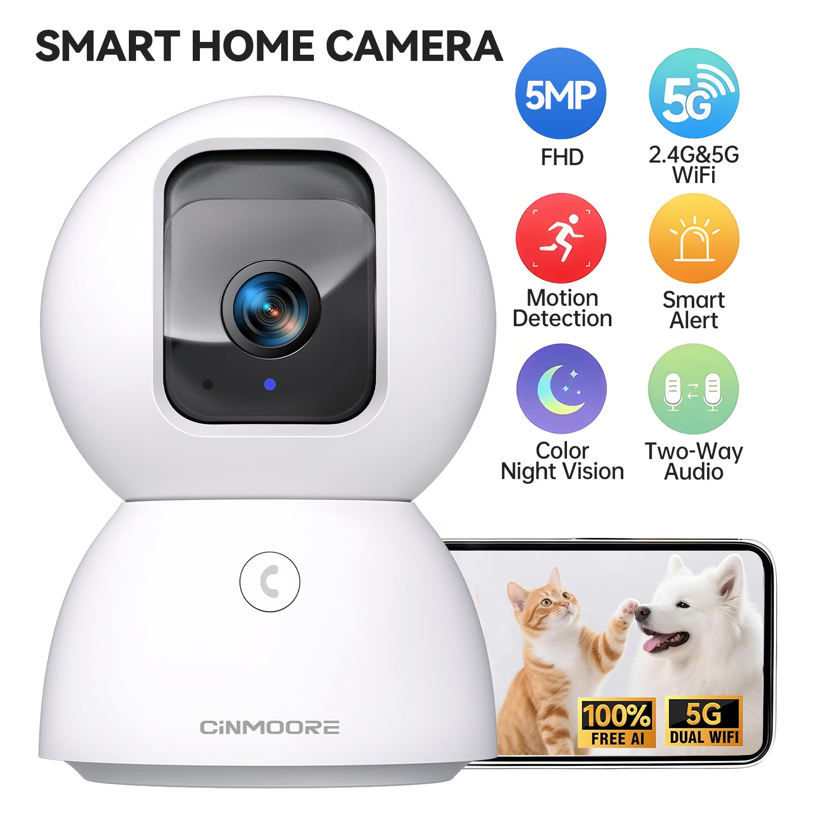 CINMOORE 5G Security Camera Indoor - 3K Pet/Dog Camera with Speaker/Phone App(C2U)