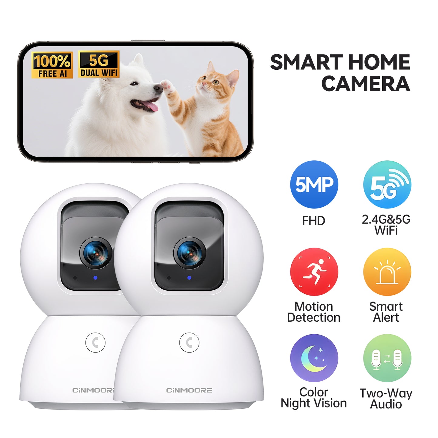 2-Pack CINMOORE 5G Security Camera Indoor - 3K Pet/Dog Camera with Speaker/Phone App(C2U)