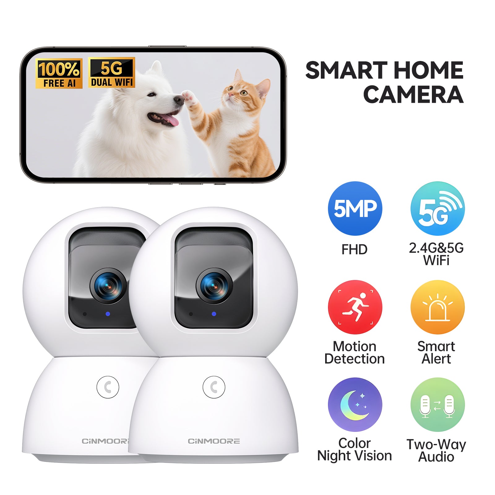 2-Pack CINMOORE 5G Security Camera Indoor - 3K Pet/Dog Camera with Speaker/Phone App(C2U)