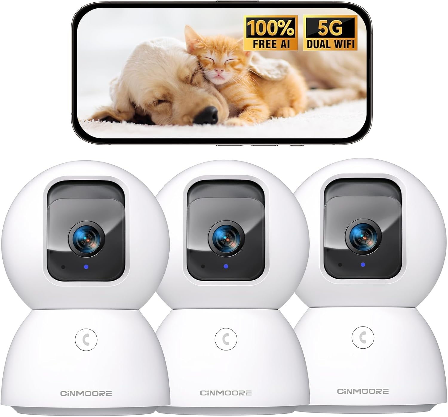 Security Camera Indoor w/Lifetime Free AI Detections, Pet/Dog Camera with Speaker/Phone App, PTZ WiFi Baby Monitor for Home Security, 0-Glow Night Vision, Full-Duplex Audio (3K-New 3pack)