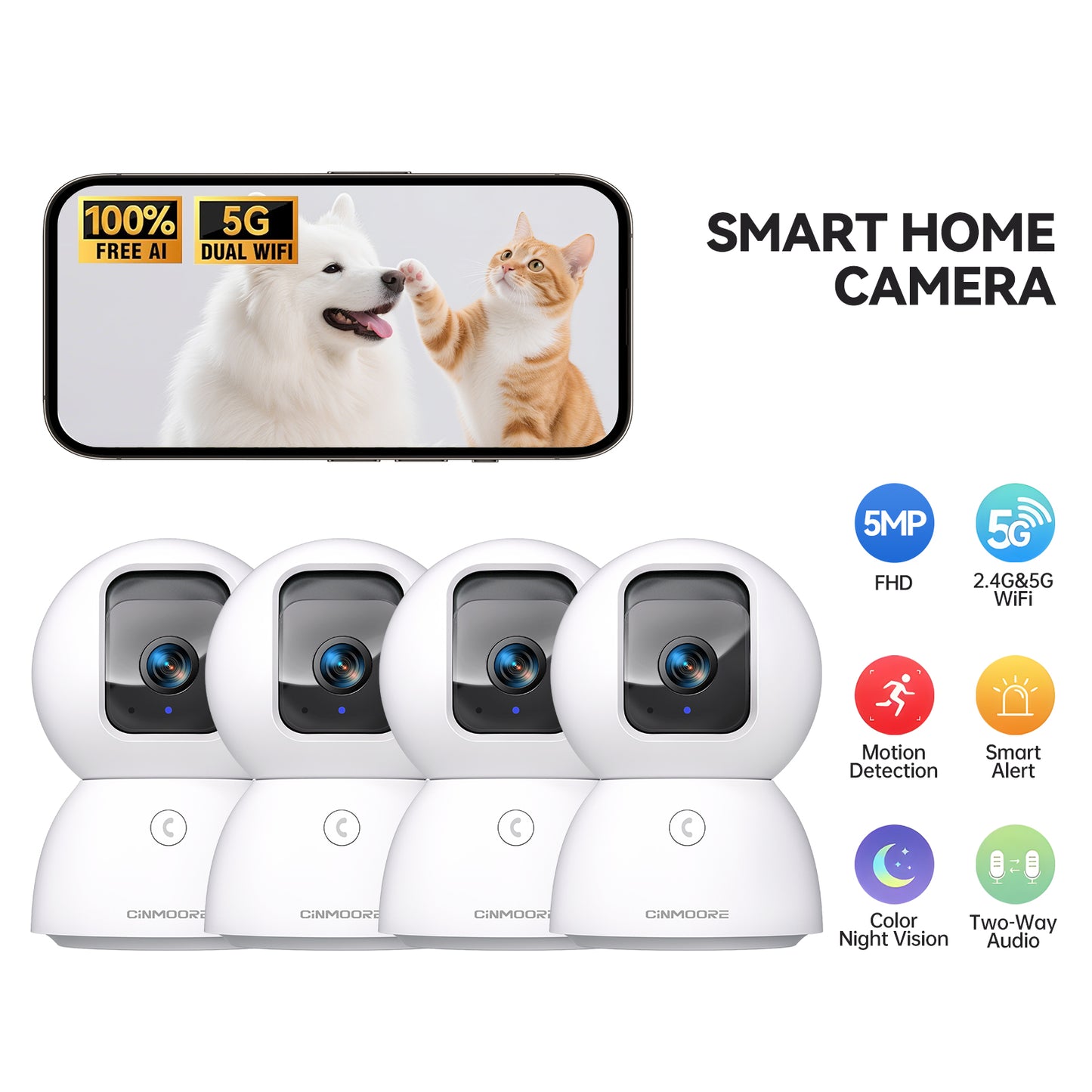 4-Pack CINMOORE 5G Security Camera Indoor - 3K Pet/Dog Camera with Speaker/Phone App(C2U)