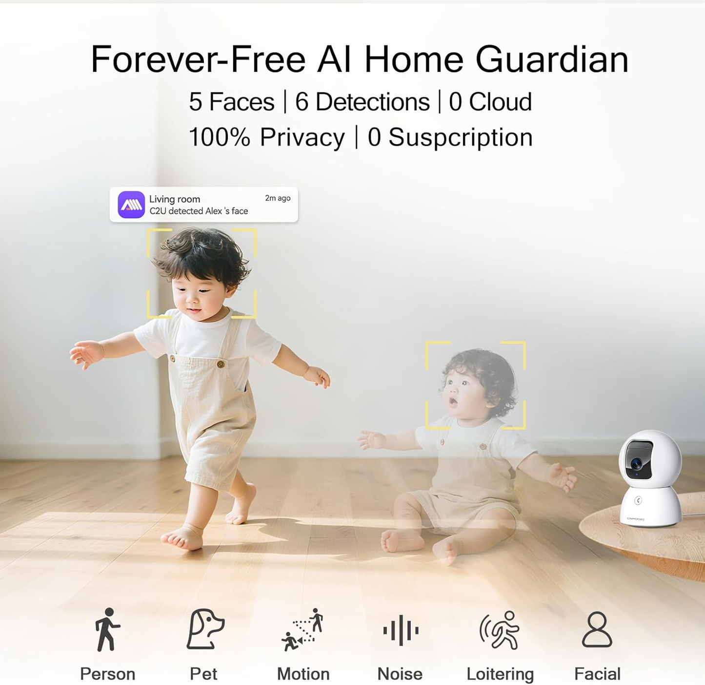 2Pack 3K Wi-Fi Camera w/ No-Monthly-Fee AI Detections & 64GB Local Storage-SnoWhite(C2U)