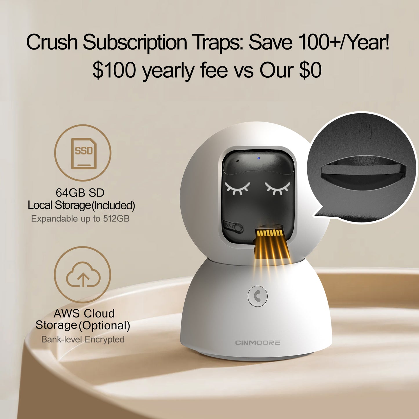3K Wi-Fi Camera w/ No-Monthly-Fee AI & 64GB SD-SnoWhite(C2U)